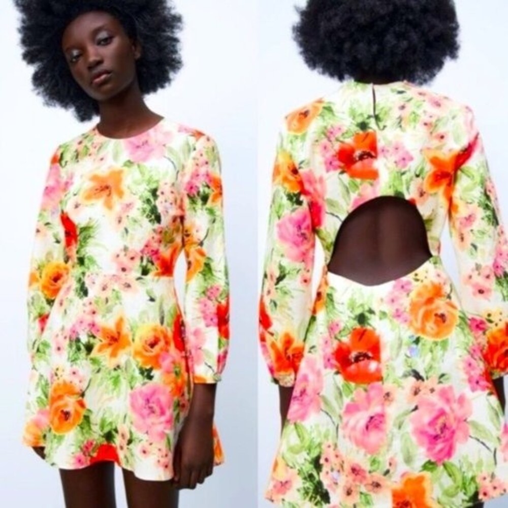 ZARA Naya Floral Print Open Back Cocktail Linen Dress Pink Multicolor Size Large